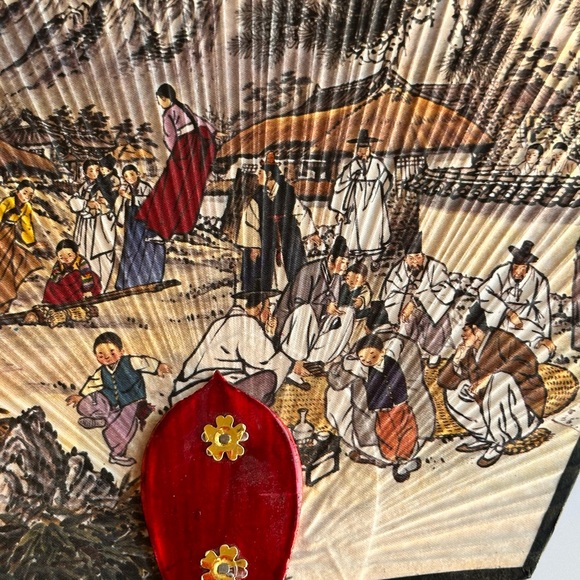 Vintage Asian Japanese Wooden Non-folding Fan Beautiful Paintings on Both Sides - Picture 8 of 9